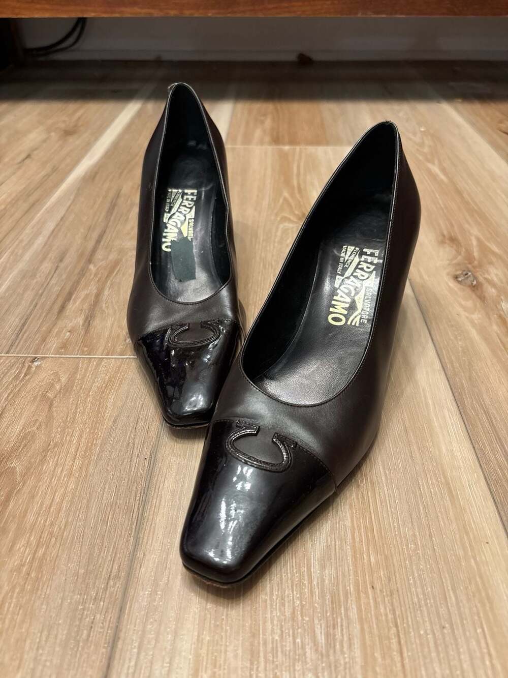 Salvatore Ferragamo Leather Patent Cap-Toe Pumps Brown